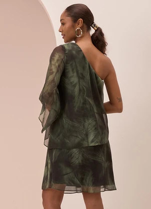 Lunender - Vestido Estampado de um Ombro Só Verde - LUNENDER
