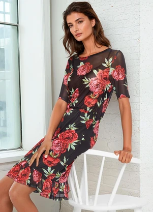 bonprix - Vestido Floral Vermelho em Tule - BONPRIX