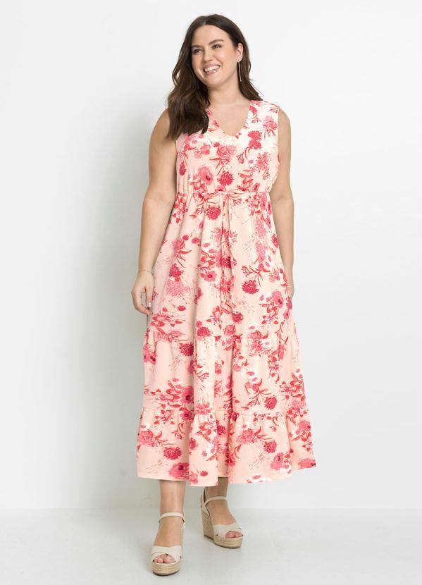 bonprix - Vestido Alongado com Amarração Floral Rosa 4