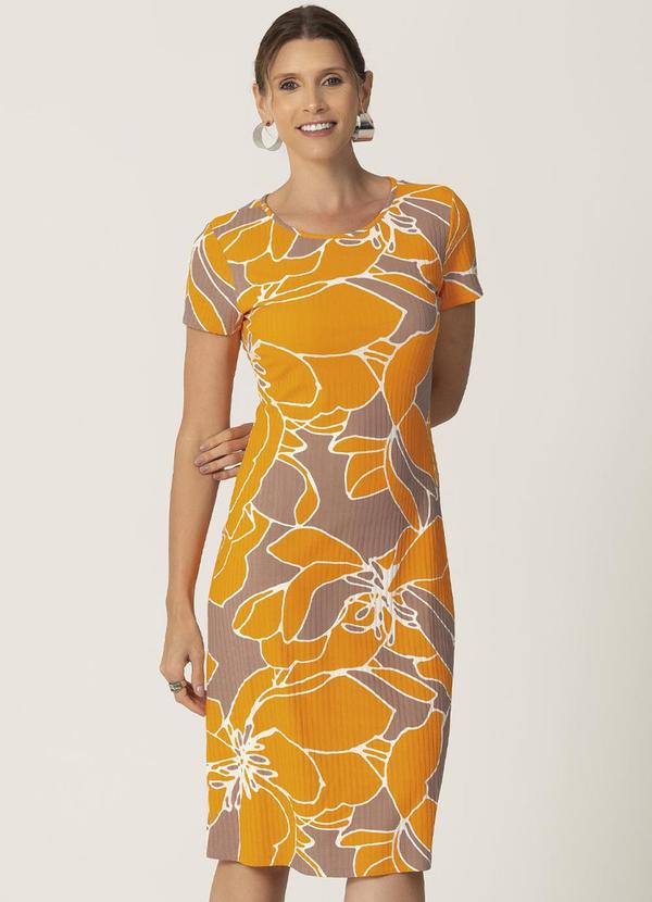 Habana - Vestido Canelado Estampado Midi Bege