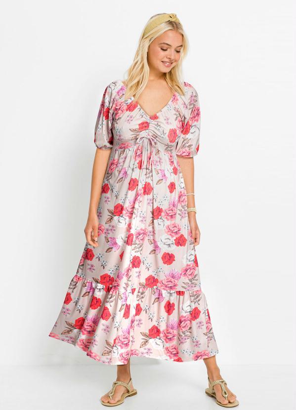 Outlet - Vestido com Amarração Longuete Floral Bege 2