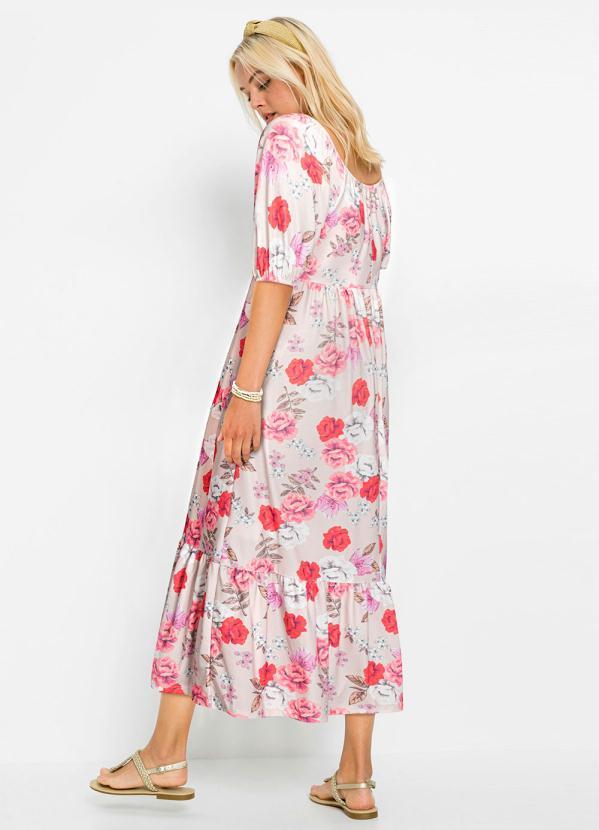 Outlet - Vestido com Amarração Longuete Floral Bege 3