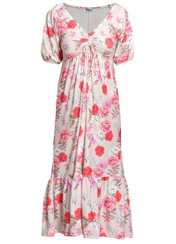 Outlet - Vestido com Amarração Longuete Floral Bege 4