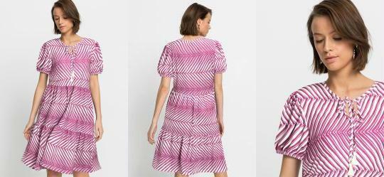 Vestido com Amarrao Manga Curta Listras Roxas