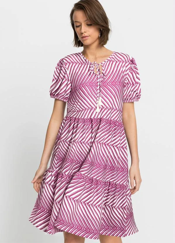 bonprix - Vestido com Amarração Manga Curta Listras Roxas