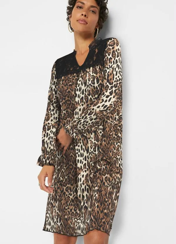 bonprix - Vestido de Crepe Onça Marrom