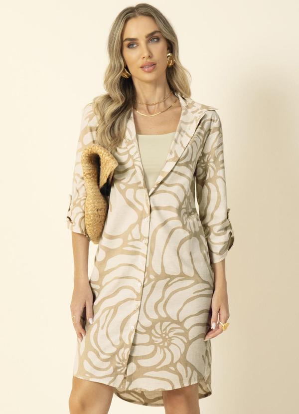 Gris - Vestido em Botões Estampado Rotativo Bege