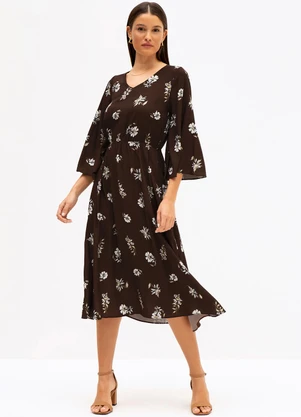 Principessa - Vestido Maxi Longuete em Viscose Estampada Floral Marrom Giuliane - PRINCIPESSA