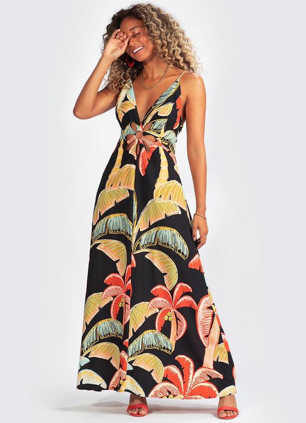Farm - Vestido em Viscose Noite de Coqueiro Estampado