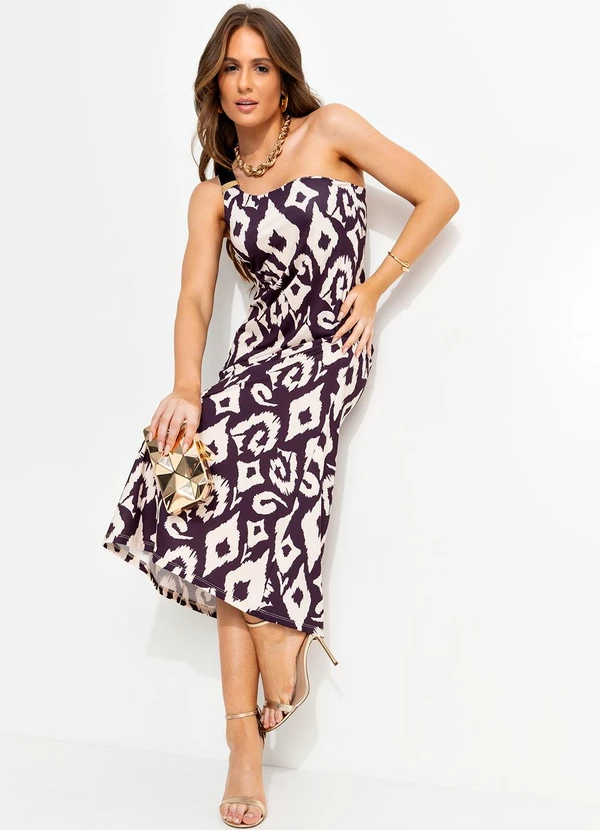 Quintess - Vestido Longuete de um Ombro Só Estampa Étnica em Malha Fria 3