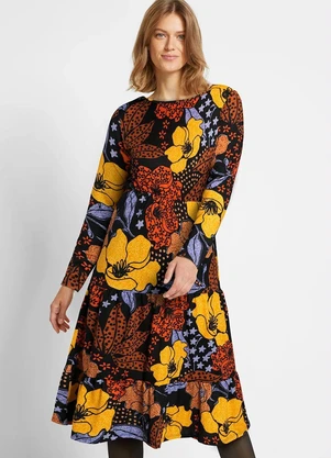 bonprix - Vestido Floral com Folhagens em Malha Crepe - BONPRIX
