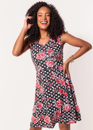 Moda Pop - Vestido Floral e Poá em Malha com Elastano - MODA POP