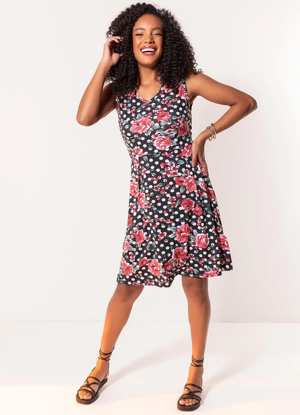 Moda Pop - Vestido Floral e Poá em Malha com Elastano 3