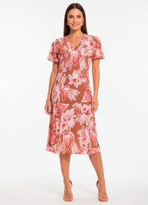 Quintess - Vestido Floral Grande Marrom em Crepe Plano - QUINTESS