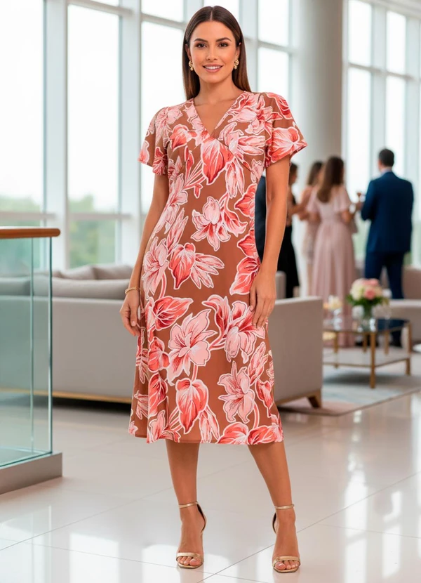 Quintess - Vestido Floral Grande Marrom em Crepe Plano 3