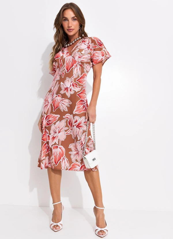 Quintess - Vestido Floral Grande Marrom em Crepe Plano 5