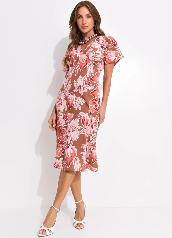 Quintess - Vestido Floral Grande Marrom em Crepe Plano 8