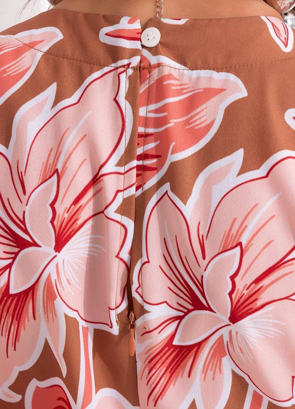 Quintess - Vestido Floral Grande Marrom em Crepe Plano