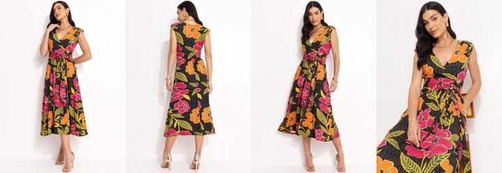 Vestido Floral Preto em Malha de Viscose