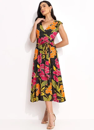 Quintess - Vestido Floral Preto em Malha de Viscose - QUINTESS