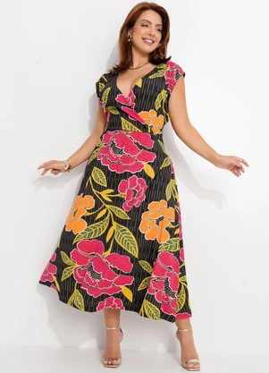 Quintess - Vestido Floral Preto em Malha de Viscose - QUINTESS