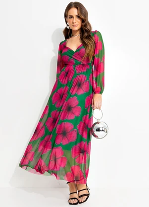 Quintess - Vestido Floral Verde em Tule - QUINTESS