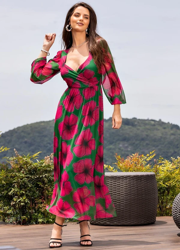 Quintess - Vestido Floral Verde em Tule
