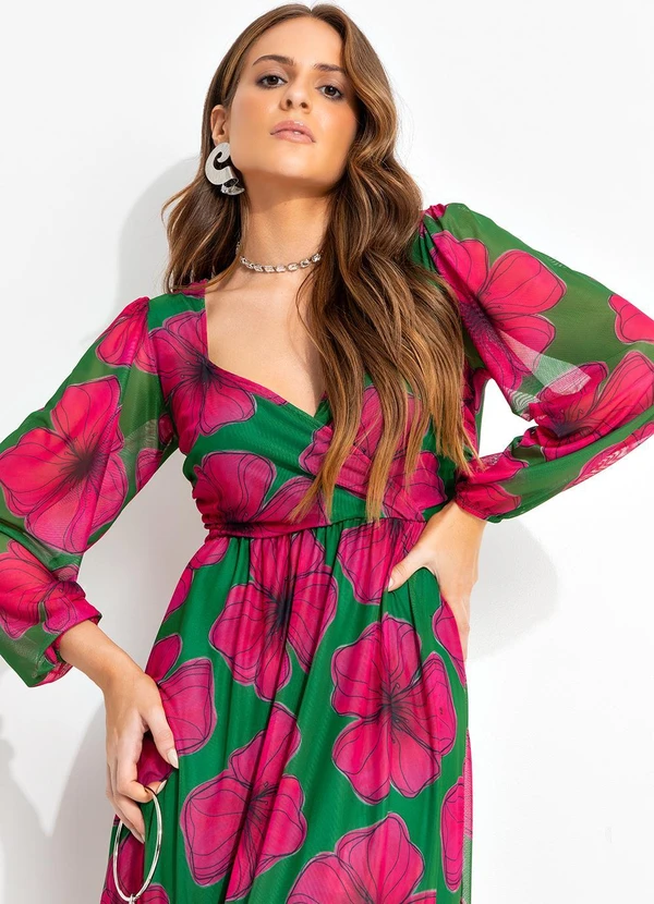 Quintess - Vestido Floral Verde em Tule