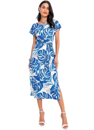 Quintess - Vestido Folhagem Azul em Malha de Viscose - QUINTESS