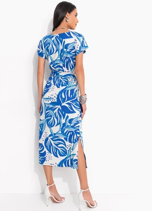 Quintess - Vestido Folhagem Azul em Malha de Viscose - QUINTESS