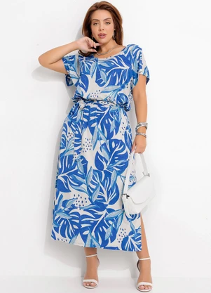 Quintess - Vestido Folhagem Azul em Malha de Viscose - QUINTESS