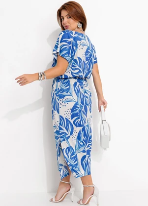 Quintess - Vestido Folhagem Azul em Malha de Viscose - QUINTESS