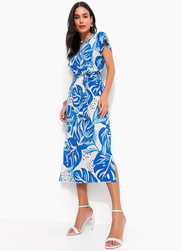 Quintess - Vestido Folhagem Azul em Malha de Viscose 3