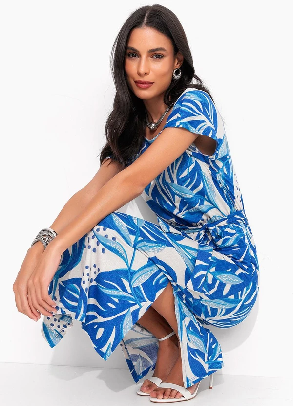 Quintess - Vestido Folhagem Azul em Malha de Viscose 6