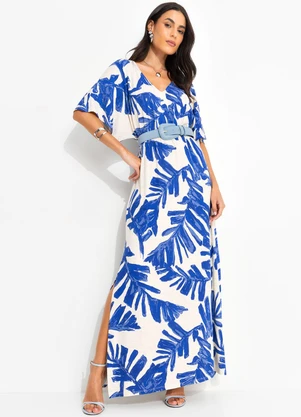 Quintess - Vestido Folhagem Azul em Malha de Viscose - QUINTESS