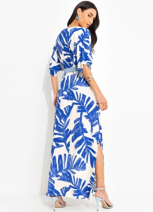 Quintess - Vestido Folhagem Azul em Malha de Viscose - QUINTESS