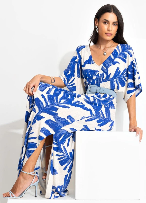 Quintess - Vestido Folhagem Azul em Malha de Viscose 4