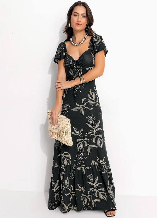 Quintess - Vestido Folhagem Marinho em Malha de Viscose