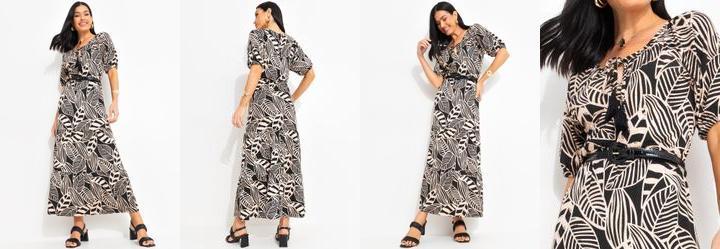 Vestido Folhagem Neutra em Malha de Viscose