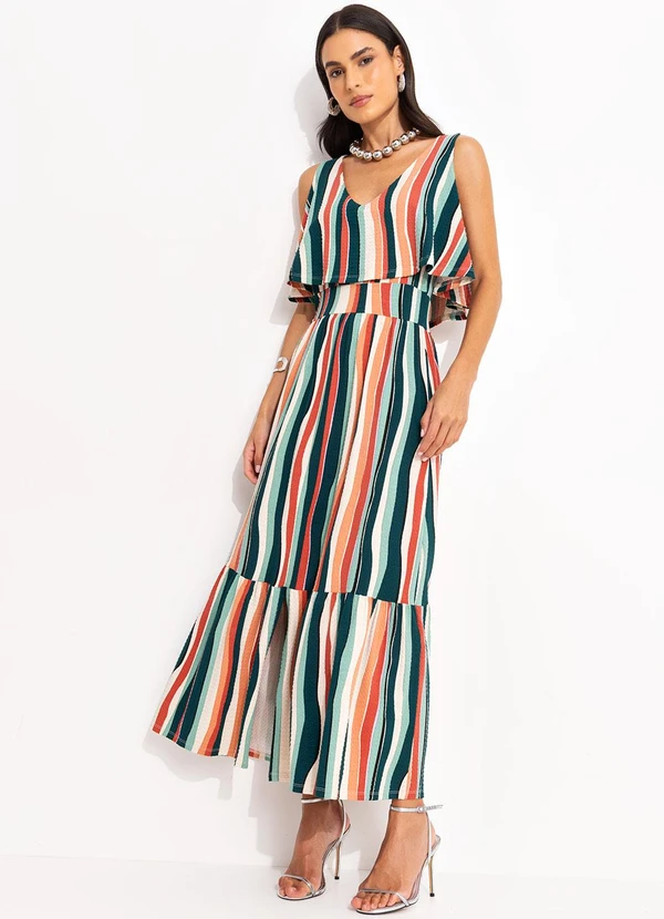 Quintess - Vestido Listrado Irregular em Malha de Viscose