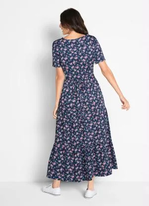bonprix - Vestido Longuete em Camadas Floral Marinho - BONPRIX