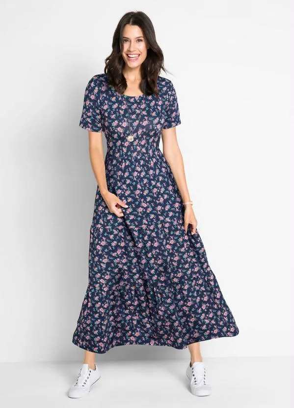 bonprix - Vestido Longuete em Camadas Floral Marinho