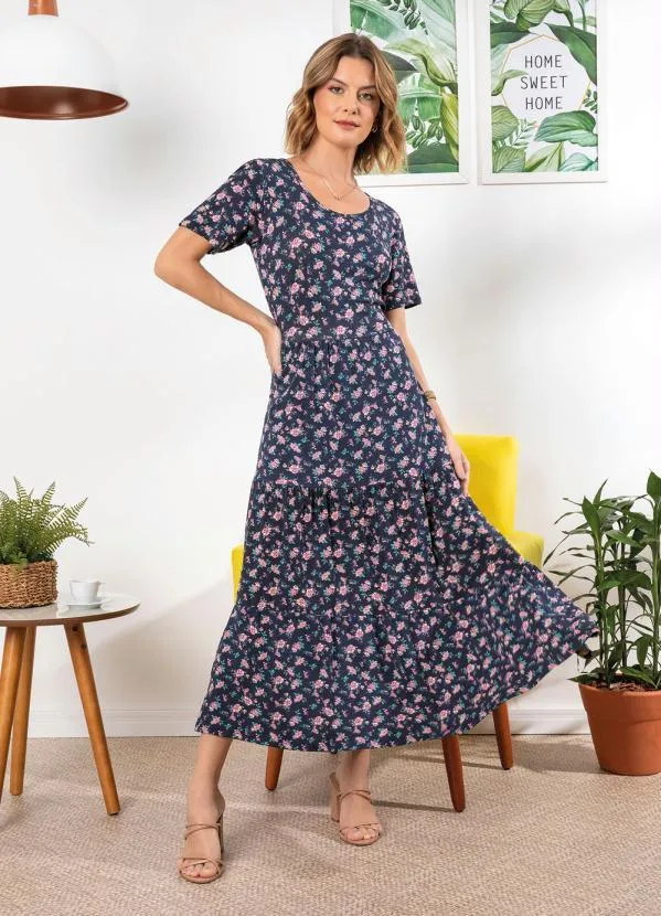 bonprix - Vestido Longuete em Camadas Floral Marinho 4