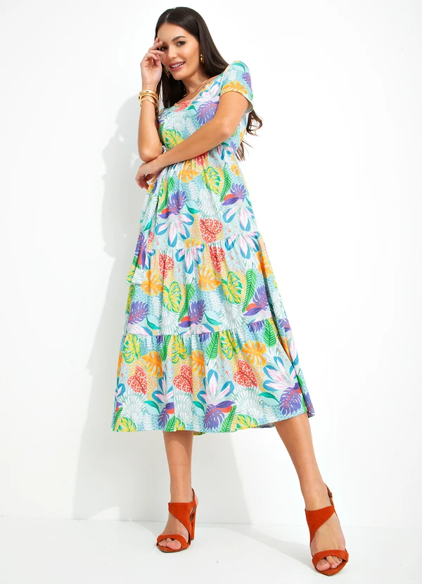 bonprix - Vestido Longuete em CamadasTropical Amarelo/Azul 4