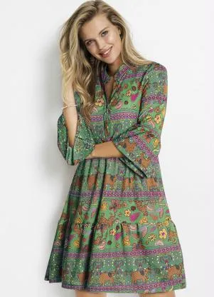 bonprix - Vestido Manga 7/8 Amplas Onça Floral Verde - BONPRIX