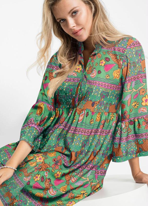 bonprix - Vestido Manga 7/8 Amplas Onça Floral Verde 2