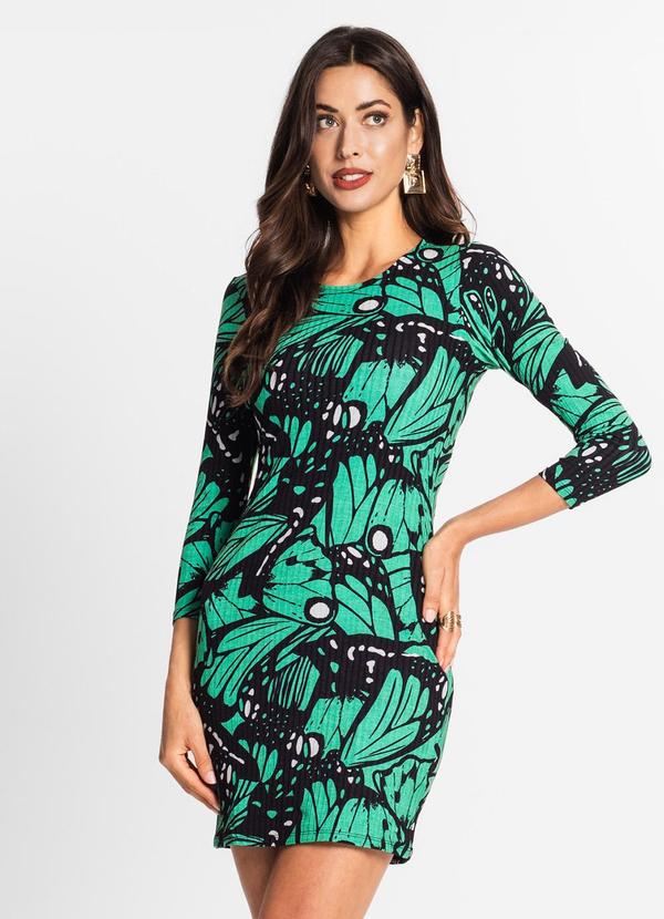 Endless - Vestido Manga 7/8 em Ribana Canelada Verde