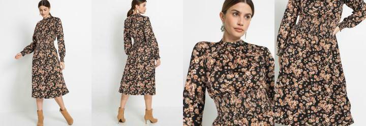 Vestido Manga Longa Midi Floral Dark