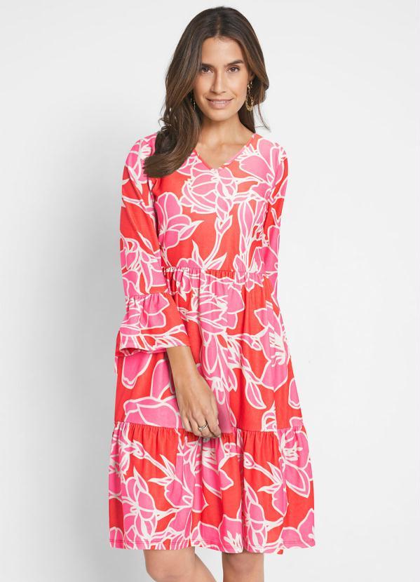 Queima Estoque - Vestido Mangas 3/4 com Babado Floral Rosa 9