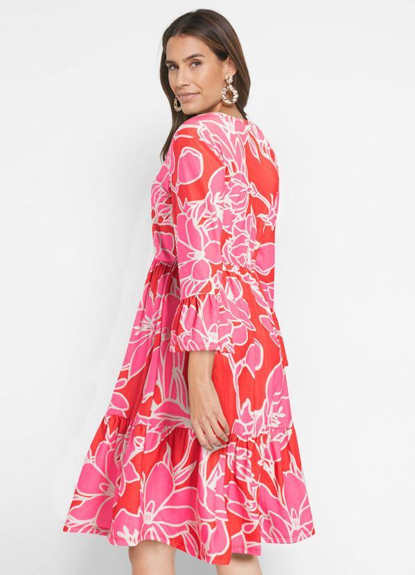 Queima Estoque - Vestido Mangas 3/4 com Babado Floral Rosa 8